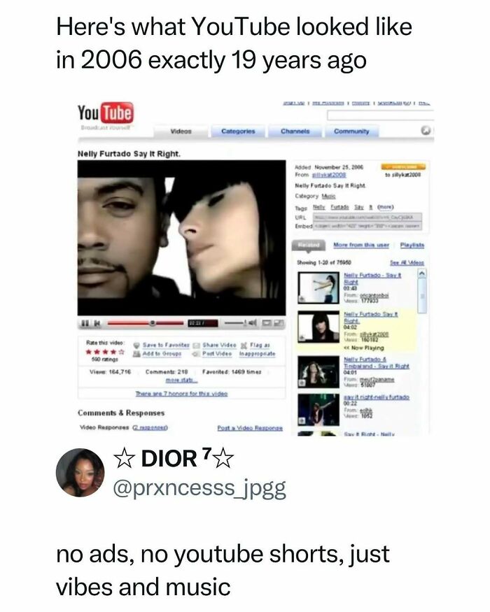 Screenshot of YouTube in 2006 showing Nelly Furtado music video with no ads or shorts