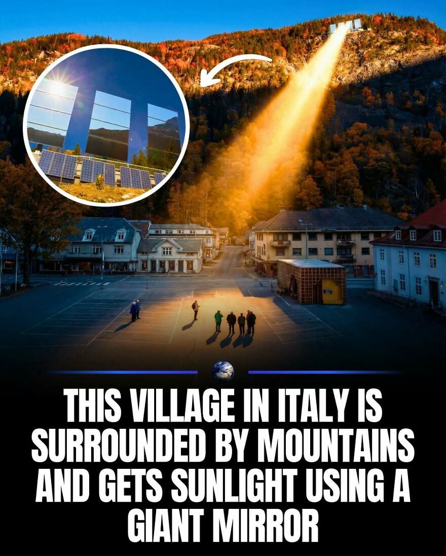 An Italian village illuminated by sunlight reflected from a giant mirror on a mountain, teaching about our planet.