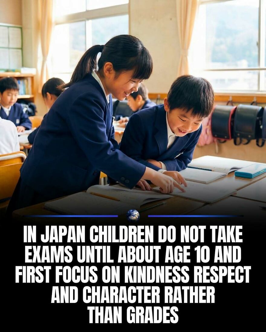 Japanese children in a classroom, emphasizing humanity's focus on kindness, respect, and character.