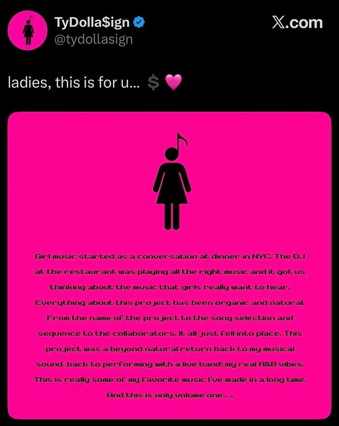 Ty Dolla $ign tweet about 'Girl music' on a pink background, featuring a female symbol as part of design humor.