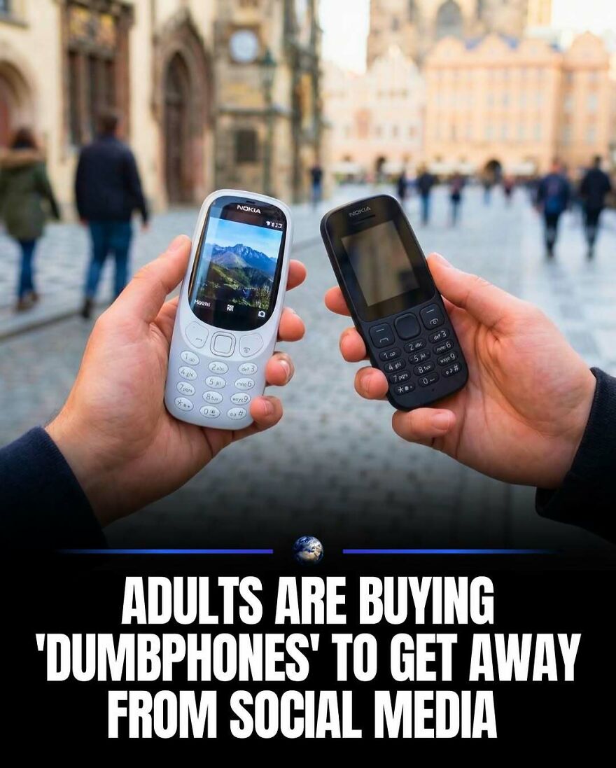 Two hands holding dumbphones, illustrating humanity's shift away from social media for our planet.