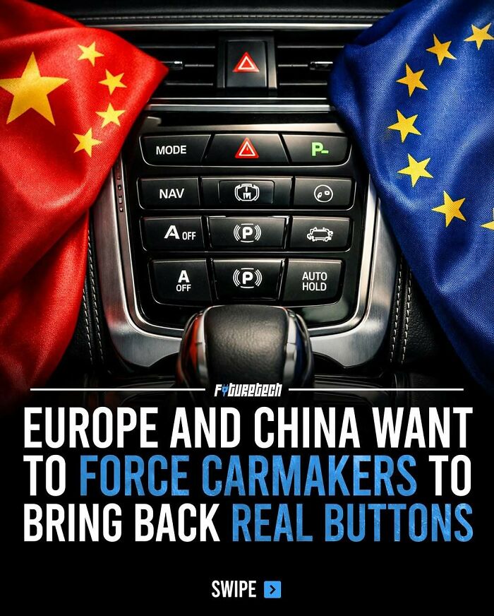 Car interior with flags of Europe and China, highlighting future technology trends in automotive controls.