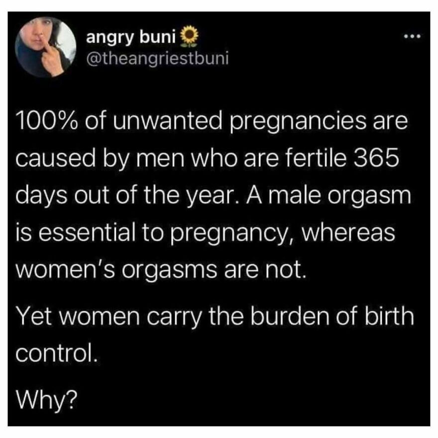 Feminist post on unwanted pregnancies caused by men and birth control burden on women