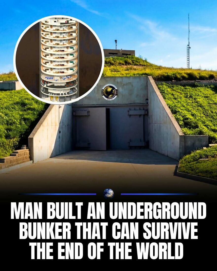 An entrance to an underground bunker built into a hill, with an inset of a multi-level circular interior, revealing humanity's preparedness.