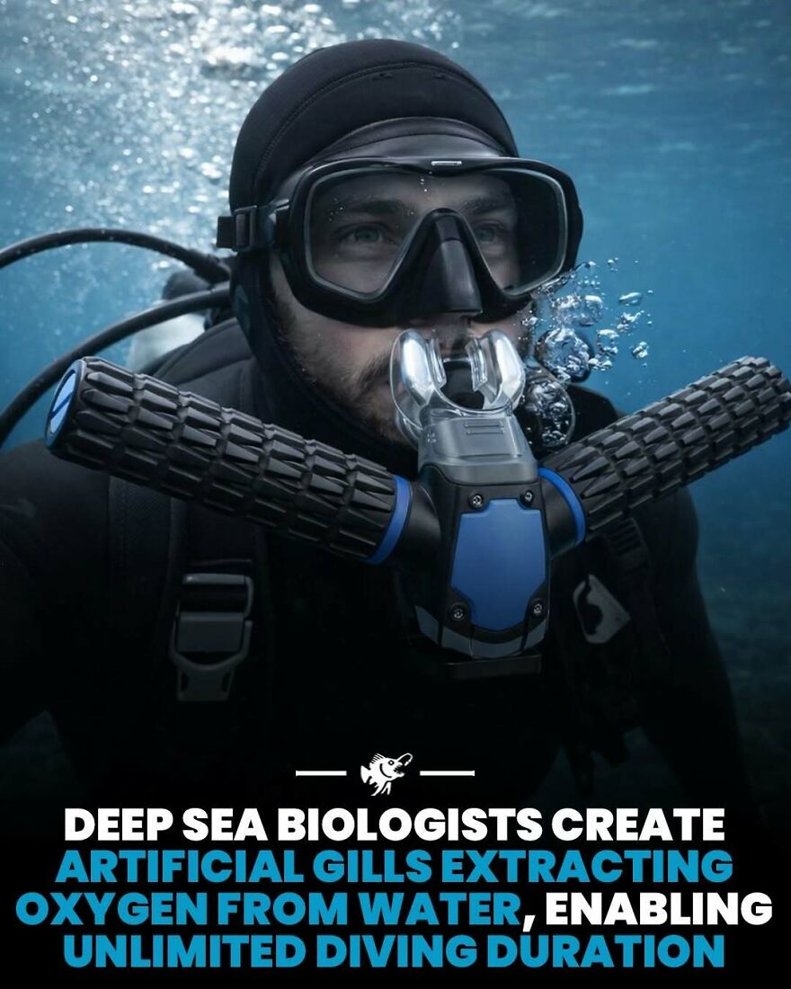 Deep sea biologist using artificial gills to extract oxygen from water for unlimited diving