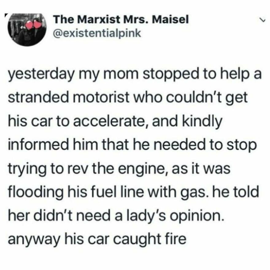 Feminist story of mom helping stranded motorist who ignored her advice