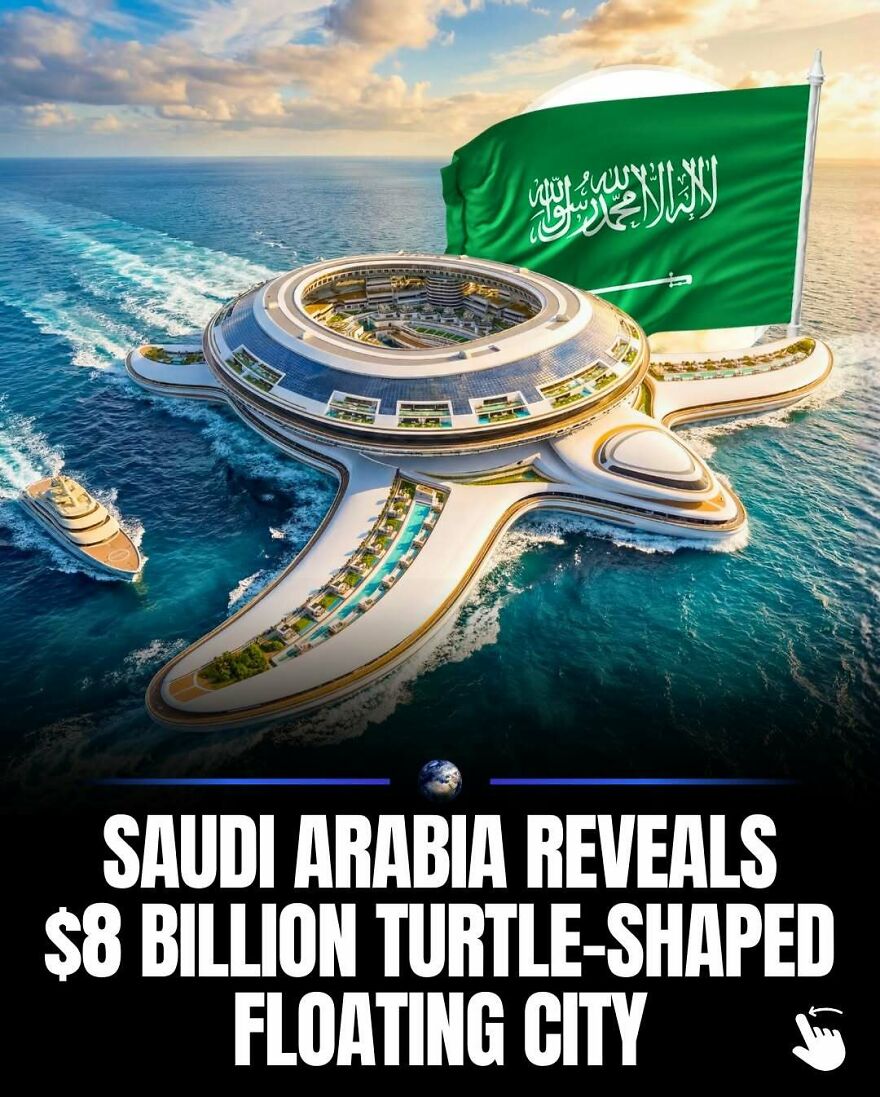 An aerial view of the Pangeos, Saudi Arabia's turtle-shaped floating city, highlighting its unique design and innovation for humanity.