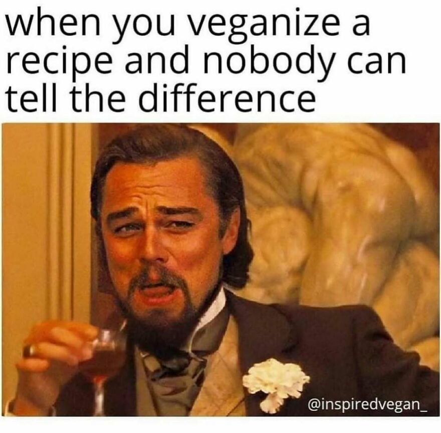Leonardo DiCaprio laughing meme about veganizing recipes