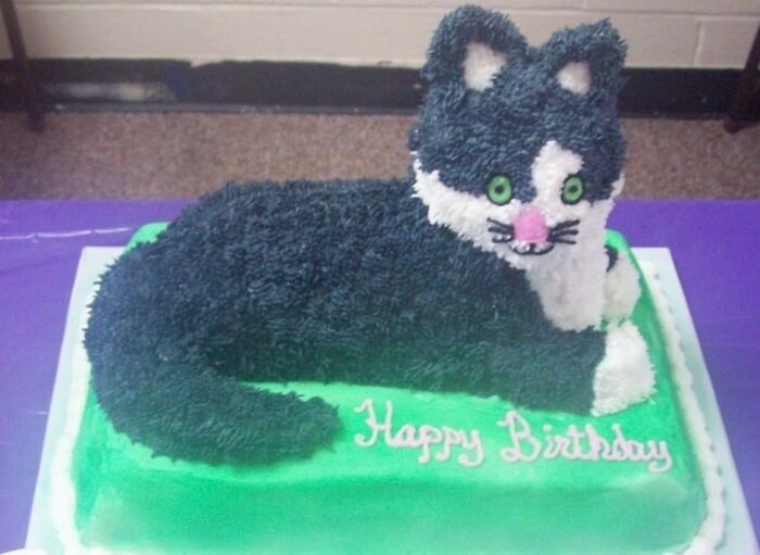 Cat-shaped birthday cake with odd frosting details in cursed images