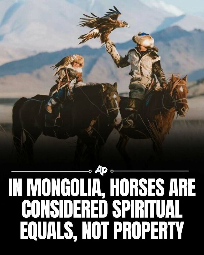 Mongolian horsemen on horseback with eagles showing horses as spiritual equals