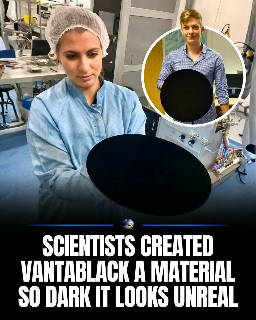 Scientists holding Vantablack, a material so dark it looks unreal, showcasing innovations for humanity and our planet.