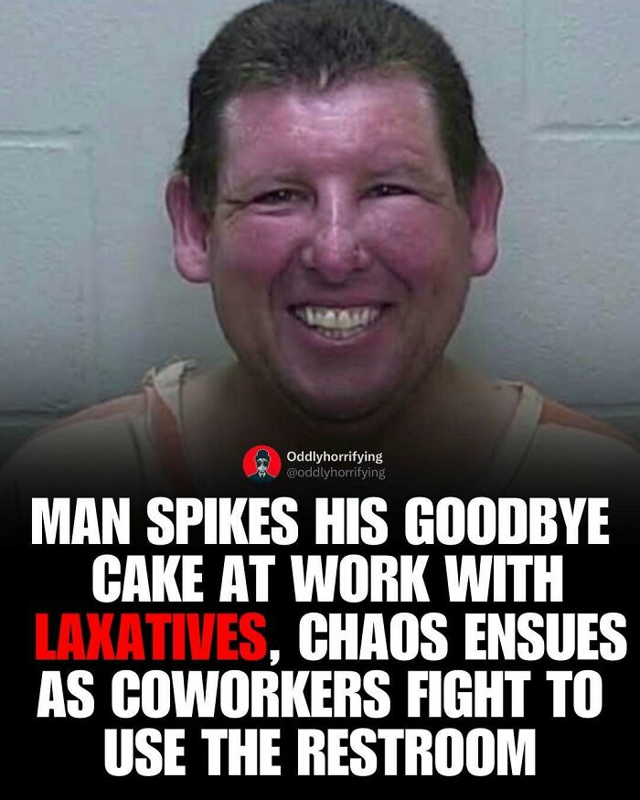 An unsettling story about a man who spiked his goodbye cake with laxatives, causing chaos among coworkers.