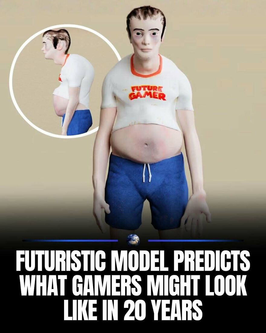 A futuristic model of a gamer in 20 years, illustrating humanity and our planet's potential changes.