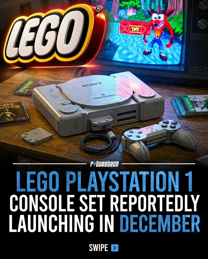 A LEGO Playstation 1 console set. This future technology merges classic gaming with LEGO building, stunning gamers.