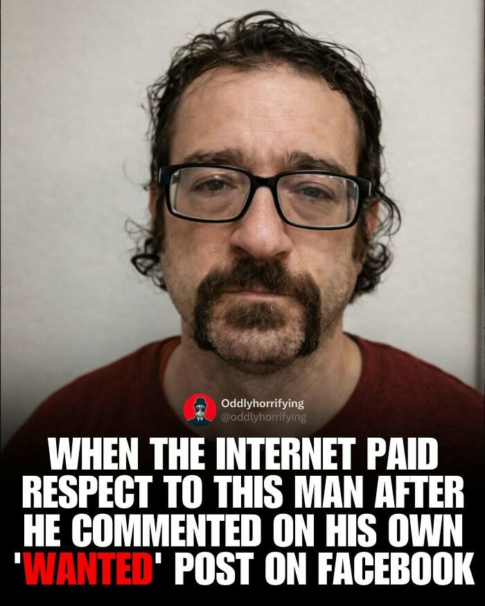 Mugshot of a man with glasses and a mustache, linked to an unsettling story about his 'wanted' post.