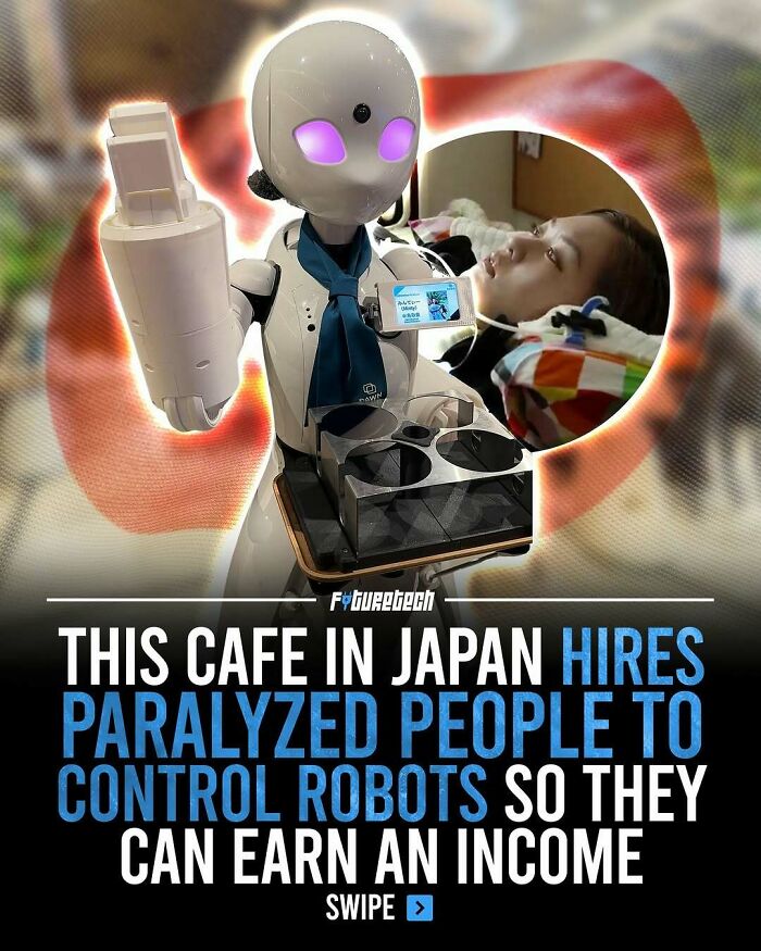 A robot serves drinks in a cafe, controlled by a paralyzed person, showing future technology for income generation.
