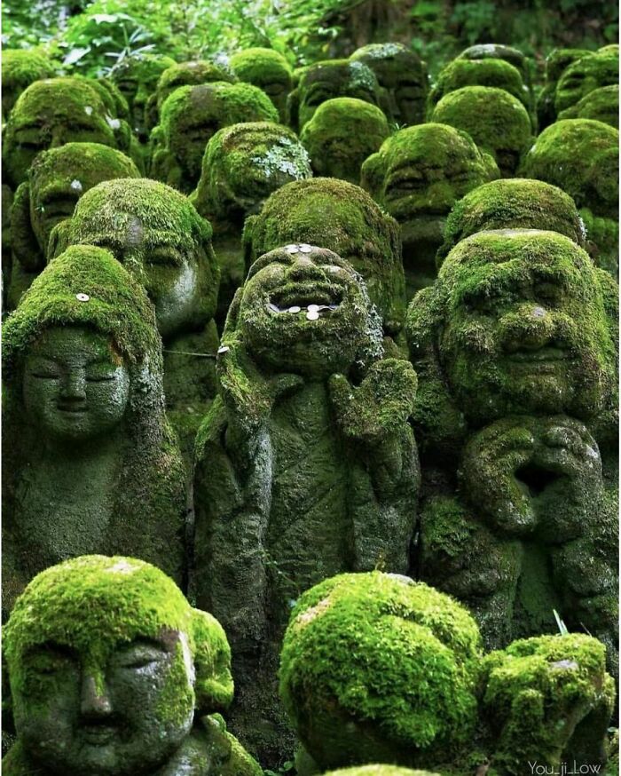 Moss-covered stone statues representing historical treasures
