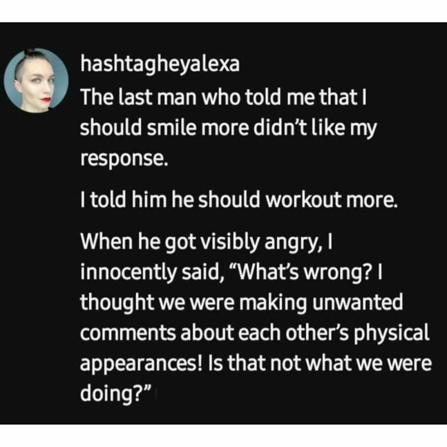 Feminist tweet about responding to unwanted comments and smiling