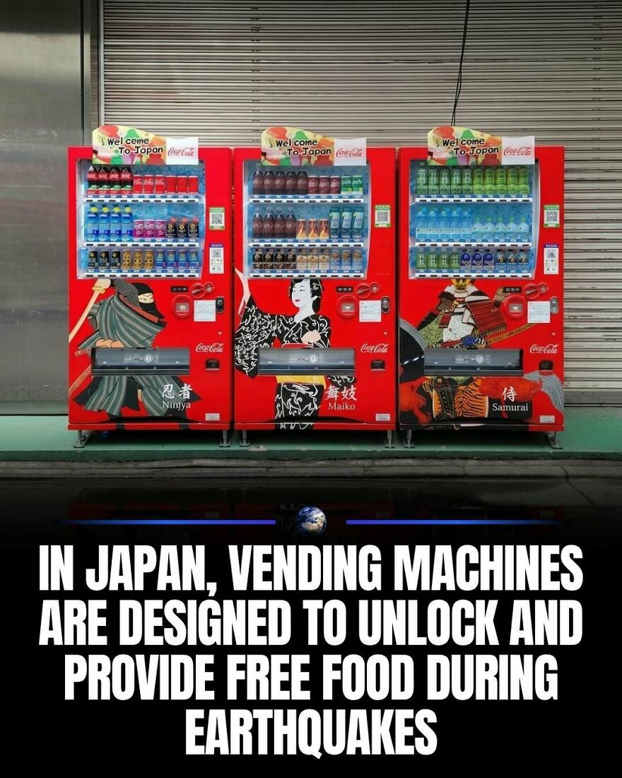 Japanese vending machines offering free food during earthquakes, showcasing Japan's preparedness and care for humanity.