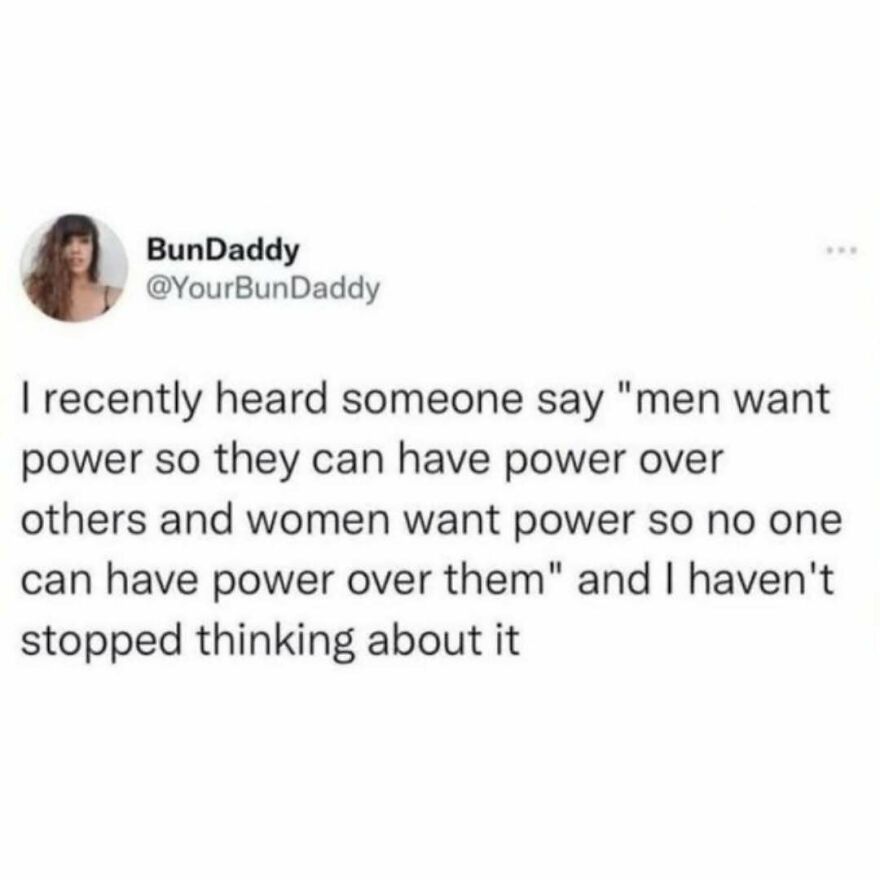 Twitter post about men and women wanting power with feminist perspective
