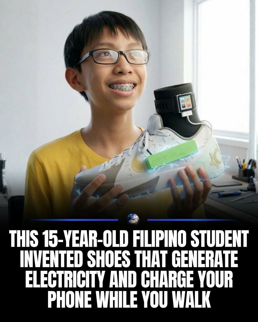 A smiling 15-year-old Filipino student holding a shoe that generates electricity, teaching something new about humanity.