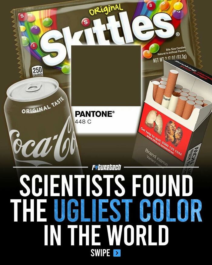 An image demonstrating future technology with the ugliest color in the world, showing a Skittles bag, Coca-Cola can, and cigarette pack in Pantone 448 C.