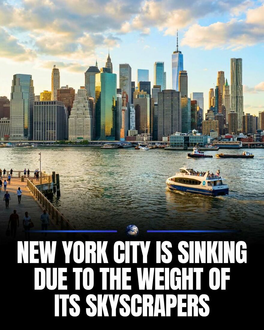 New York City's skyscrapers causing it to sink, highlighting humanity and our planet's urban challenges.