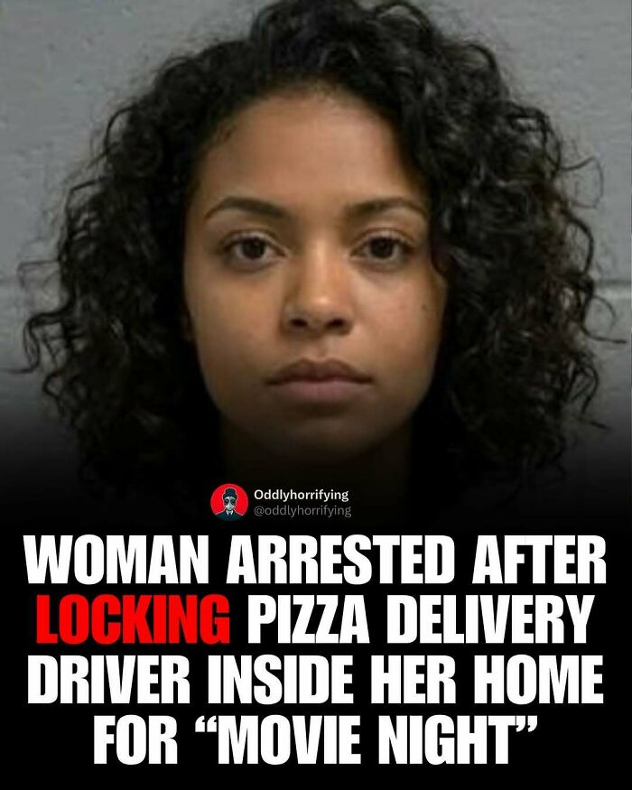 Mugshot of a woman arrested for locking a pizza delivery driver inside her home, highlighting unsettling stories.