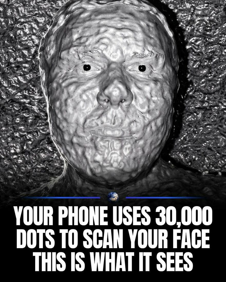 A human face scanned by a phone, showing 30,000 dots, representing humanity and our planet's tech interaction.