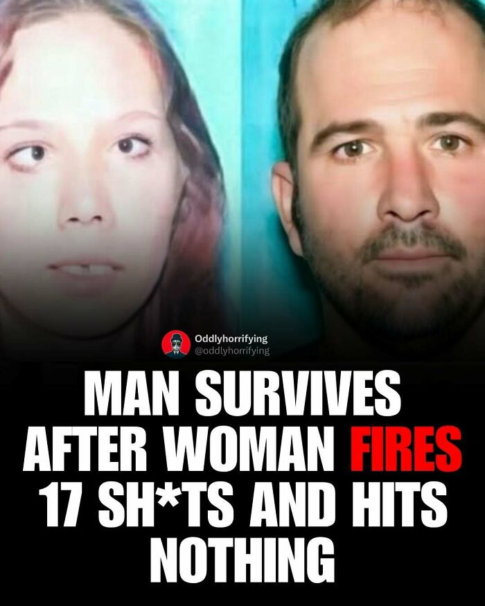 A dark story image featuring a man and woman, detailing the man's survival after being shot at 17 times.