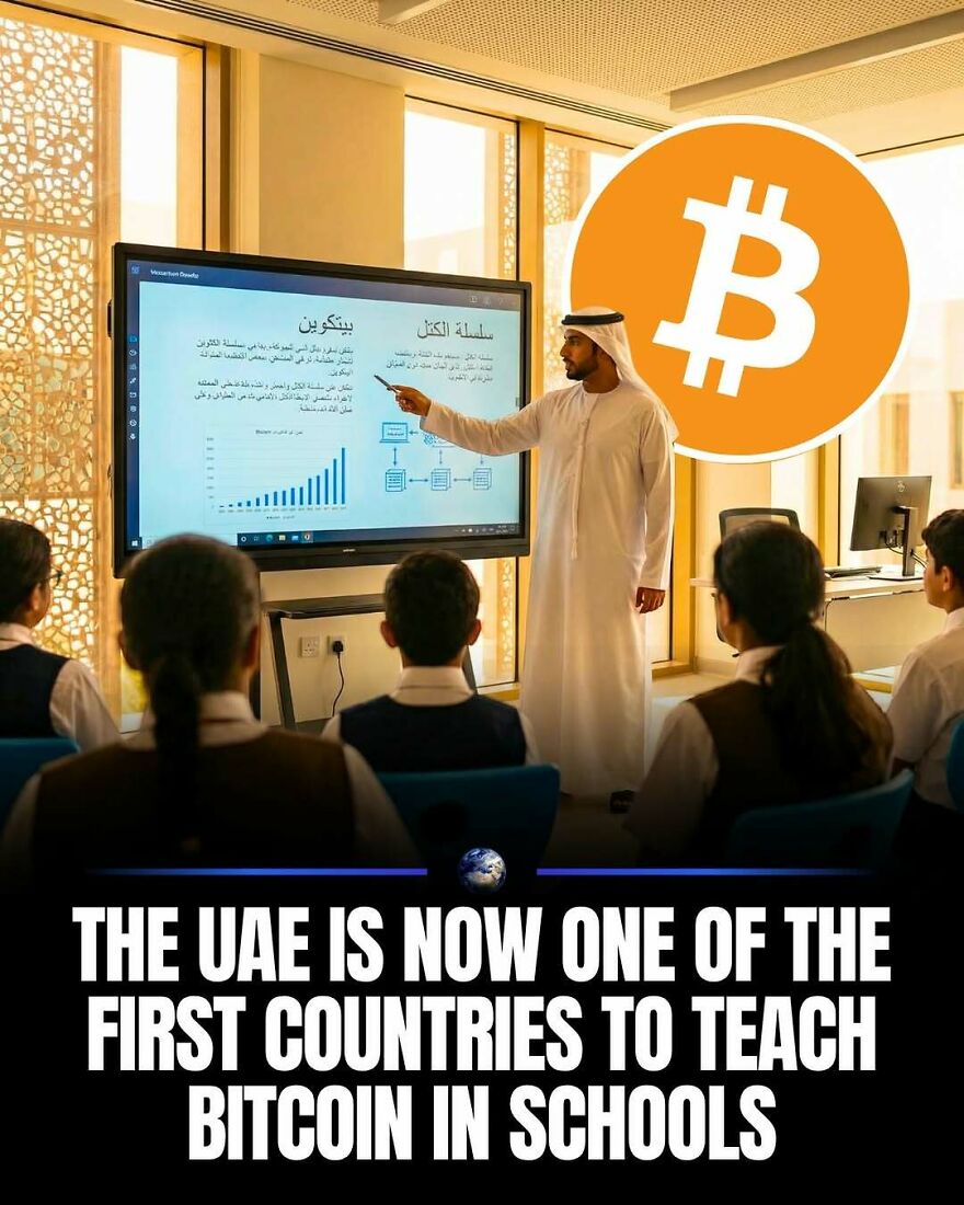 A teacher instructing students about Bitcoin in a classroom, showcasing new knowledge for humanity on our planet.