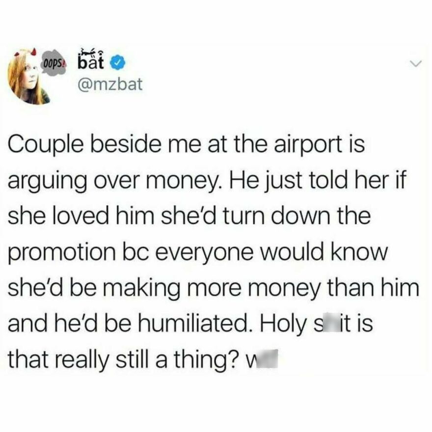 Feminist tweet on gender roles and money struggles causing conflict in relationships