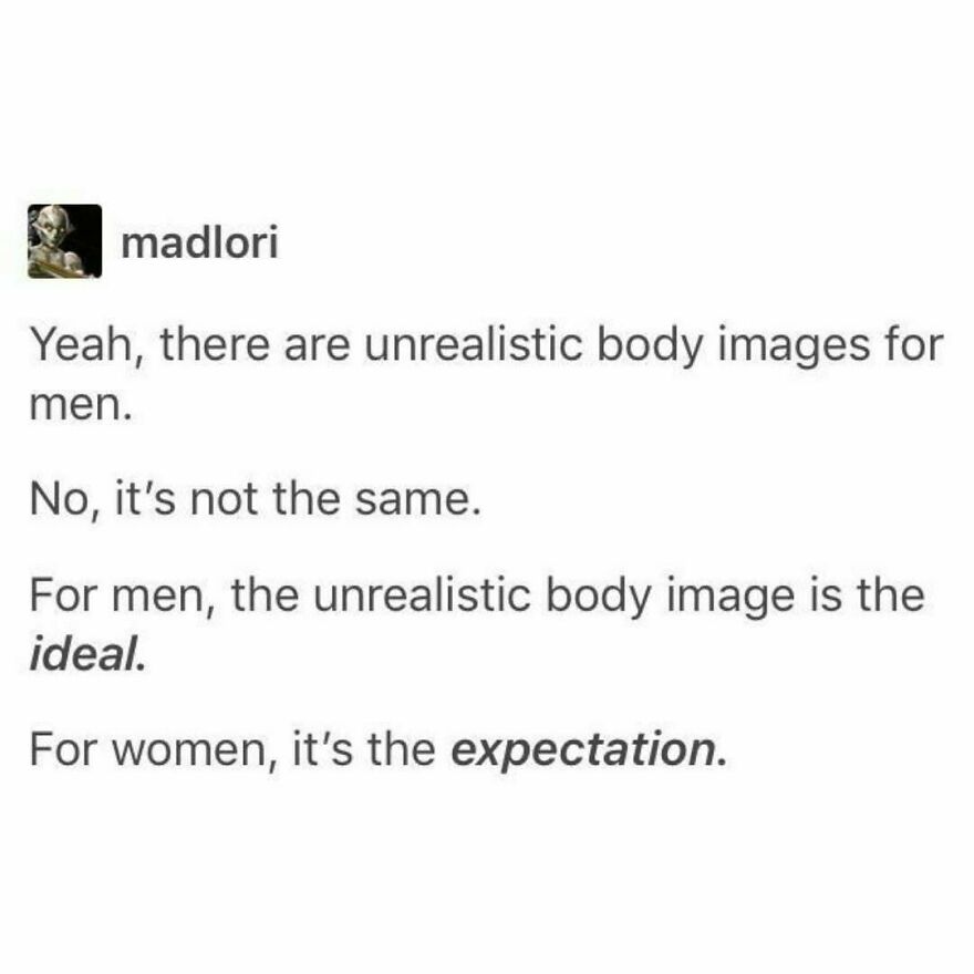 Feminist post contrasting unrealistic body image ideals for men and expectations for women