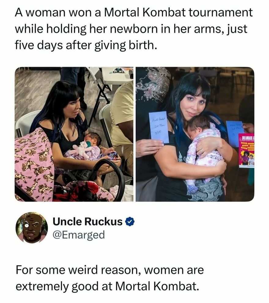 Woman wins Mortal Kombat tournament with newborn, a pop culture post highlighting her achievement.