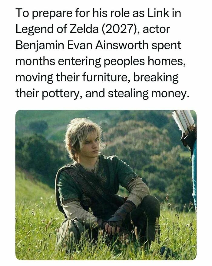 Actor Benjamin Evan Ainsworth as Link in Legend of Zelda prepping by moving furniture and stealing money