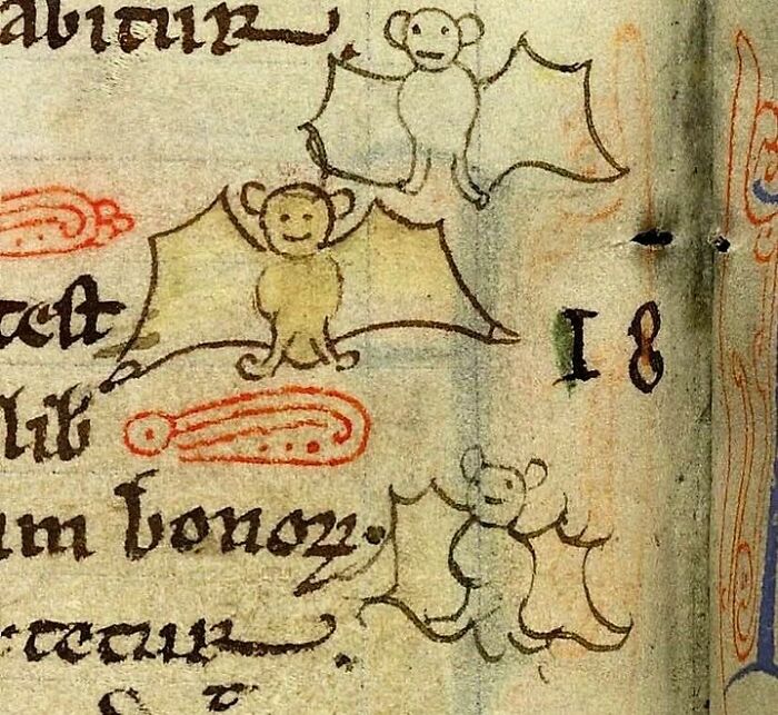 Medieval manuscript featuring historical doodles of winged creatures