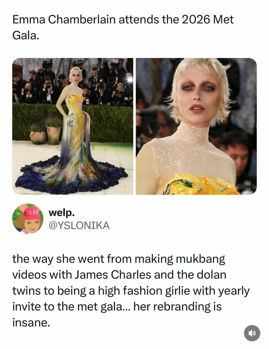 A funny pop culture post showing Emma Chamberlain's fashion evolution at the Met Gala for instant good vibes.