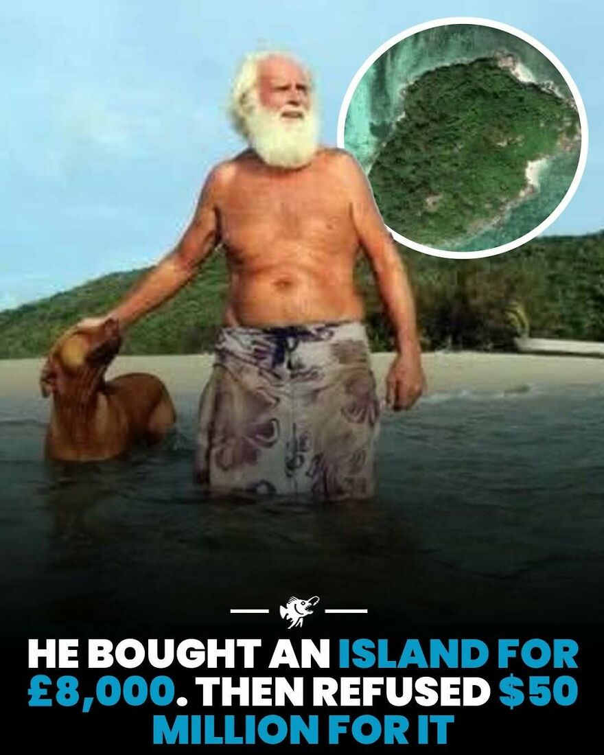 Man and dog in water with island aerial view highlighting island ownership