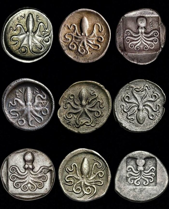 Set of ancient silver coins with octopus engravings historical treasure