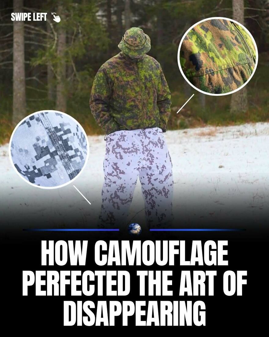 Soldier in camouflage blending into a snowy forest. Posts about humanity and our planet.