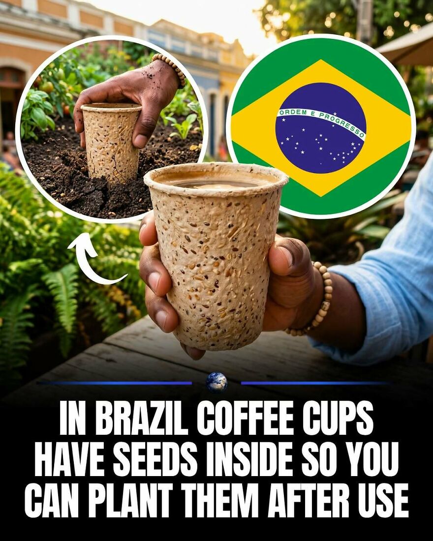 A hand holding a coffee cup with seeds, ready to be planted, alongside the Brazilian flag, highlighting humanity and our planet.