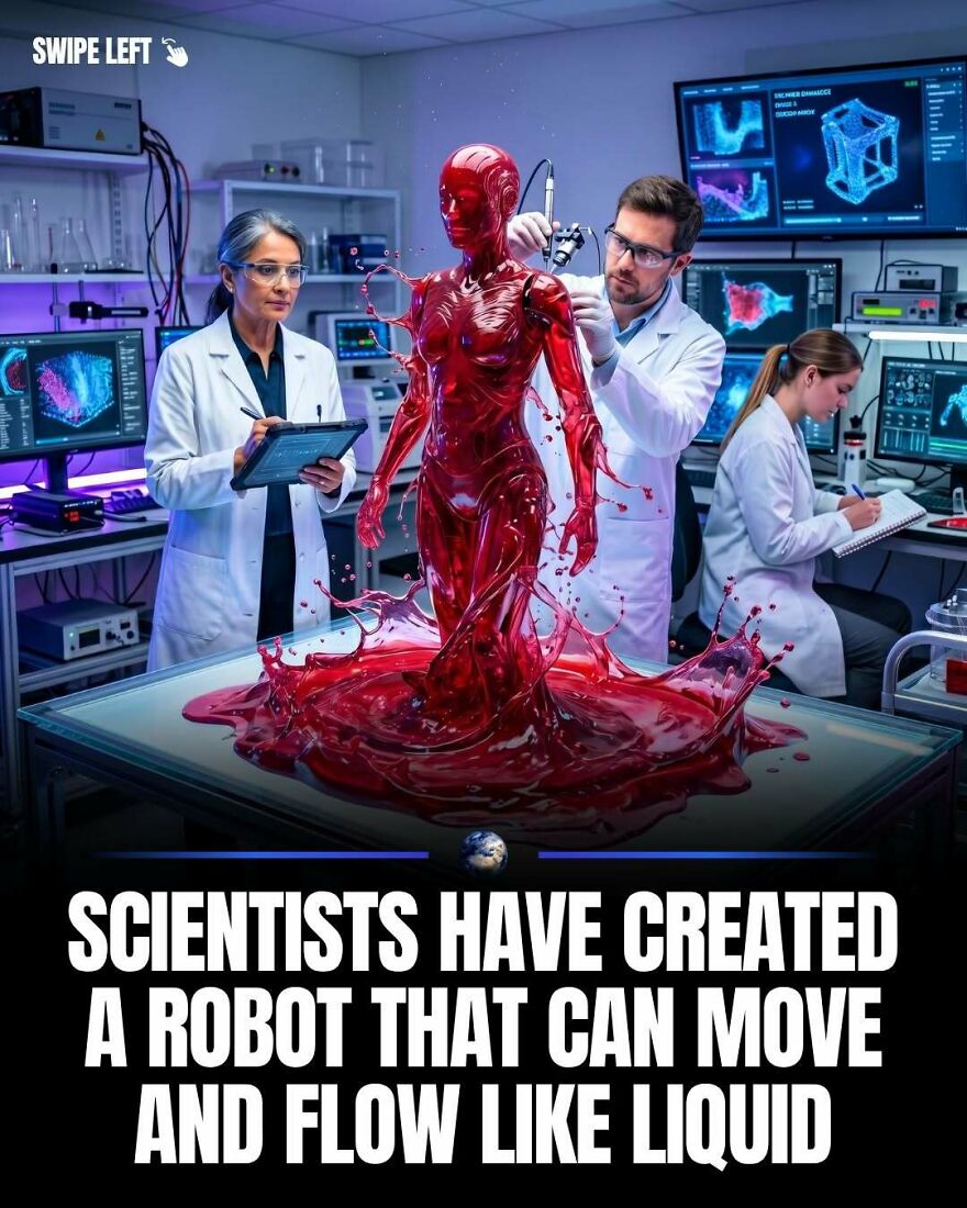 Scientists in a lab working on a liquid metal robot, teaching us something new about humanity and technology.