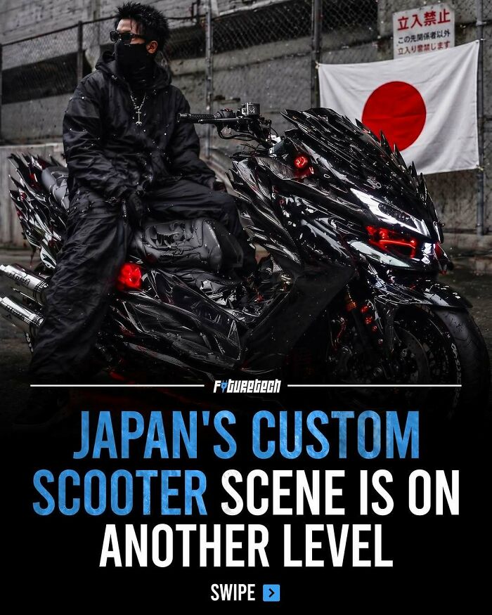 A person in black clothing riding a custom futuristic scooter in Japan, an example of future technology.