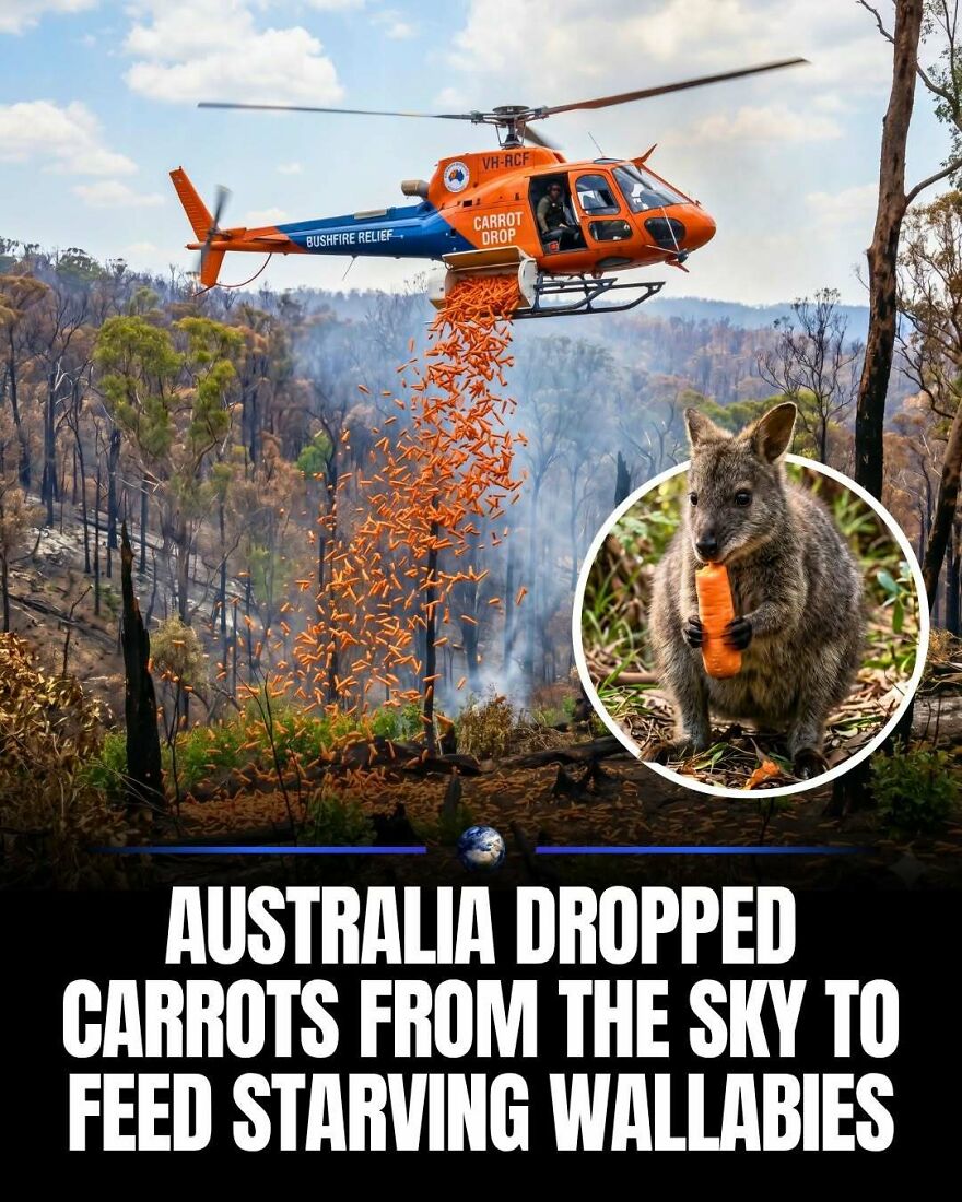 Australia dropped carrots from the sky to feed wallabies, demonstrating humanity's compassion for wildlife on our planet.