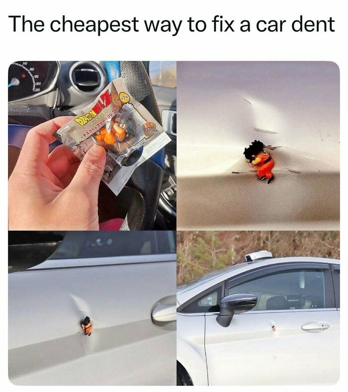 Creative car dent repair with Dragon Ball Z figure stuck in the dent as a funny fix