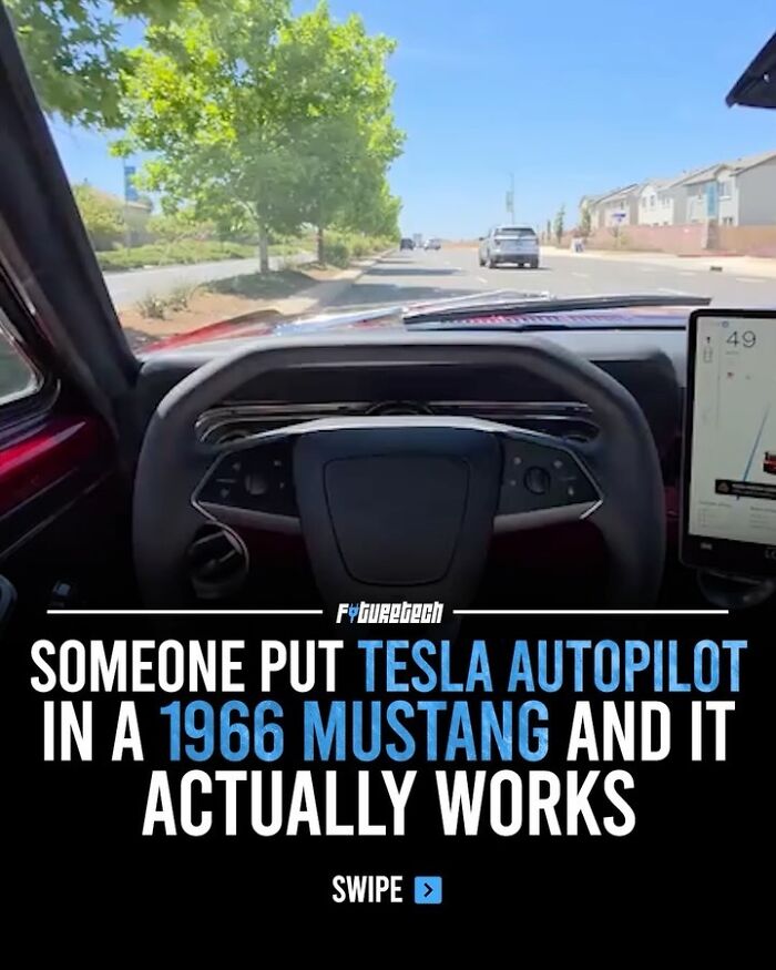 The interior of a 1966 Mustang with Tesla Autopilot, showcasing innovative future technology.