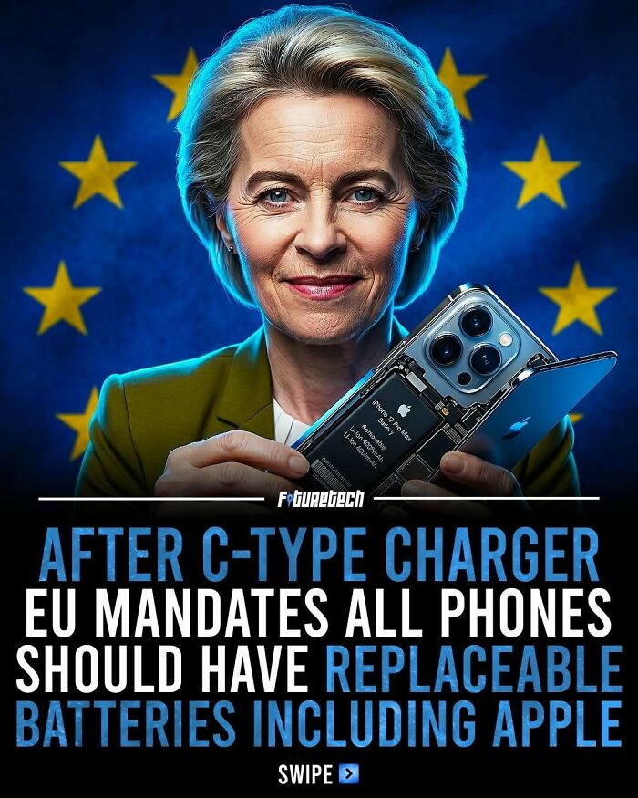 A woman holding a phone with its back removed, revealing the battery, a concept of future technology.