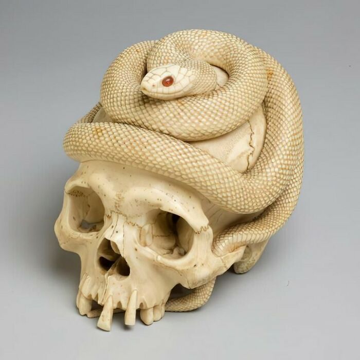 Intricately carved historical ivory skull with coiled snake sculpture on top