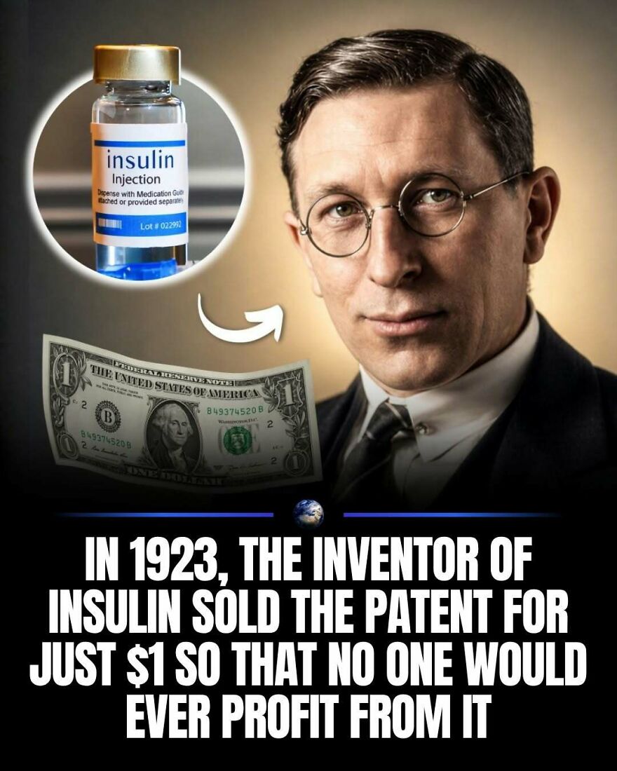 Image of inventor Frederick Banting, a vial of insulin, and a one-dollar bill. Posts about humanity and our planet.