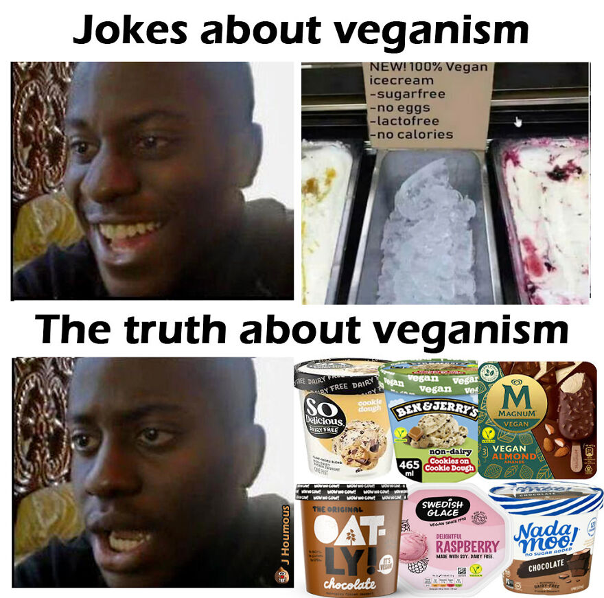Comparison meme showing jokes versus truth about veganism including vegan ice cream brands
